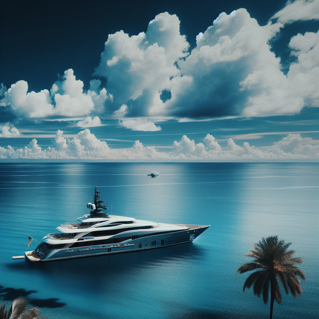 A serene seaside scene with a modern yacht anchored near the coast on a sunny day