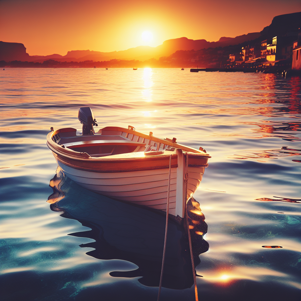 A serene coastal scene with a small boat docked at sunset, conveying the dream of boat ownership.