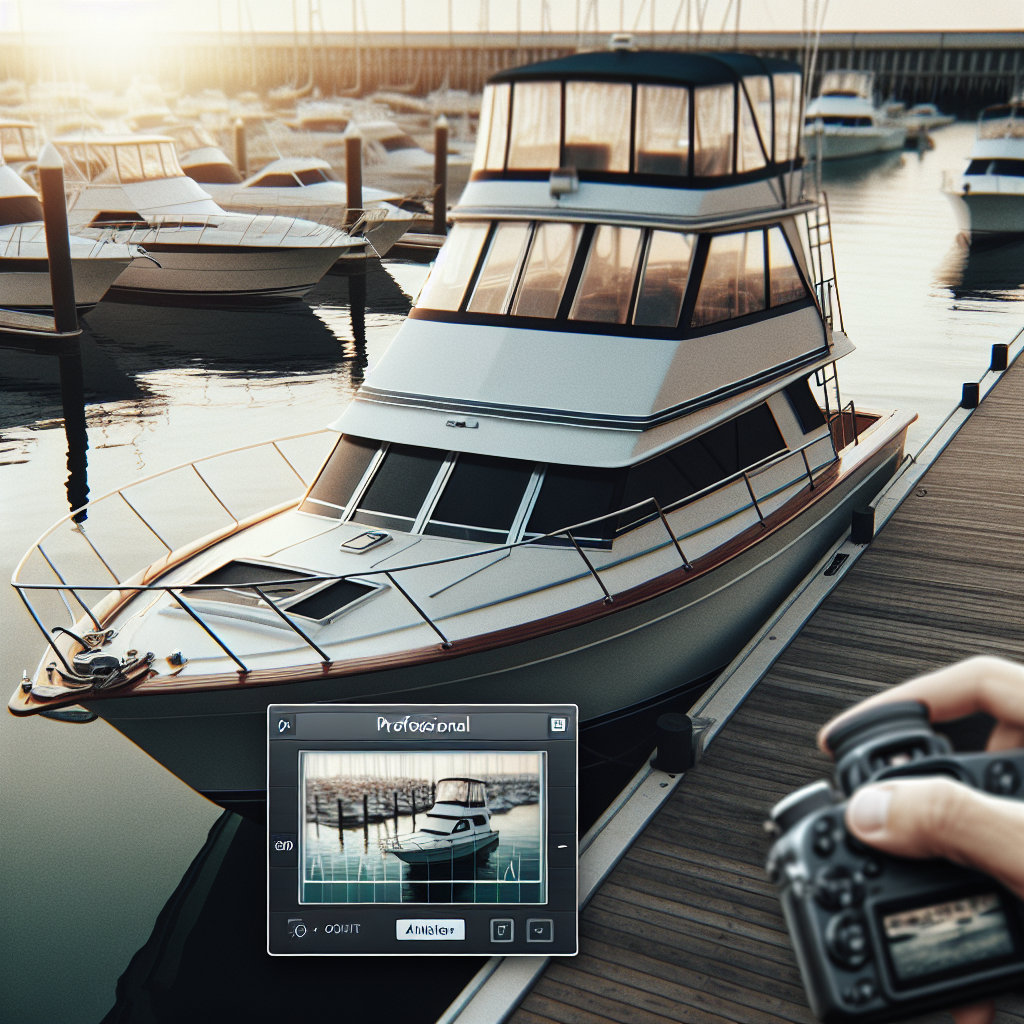 En pent vedlikeholdt bruktbåt ved brygge i klart vær, profesjonelle bilder, fokus på skrog og cockpit, realistisk maritime detaljer, nøytralt lyst filter